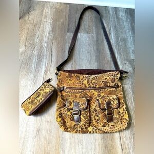 VTG Rossetti Boho Crossbody Satchel Bag Suede Medium Matching Coin Purse Brown L